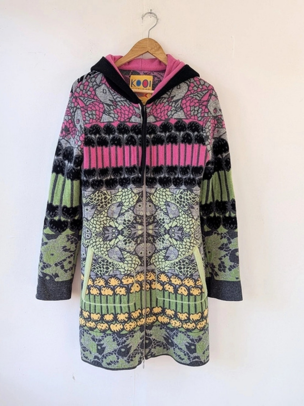 KOOI Patterned Hooded Lambs Wool Zip Up Cardigan Coat Green Pink Yellow Medium